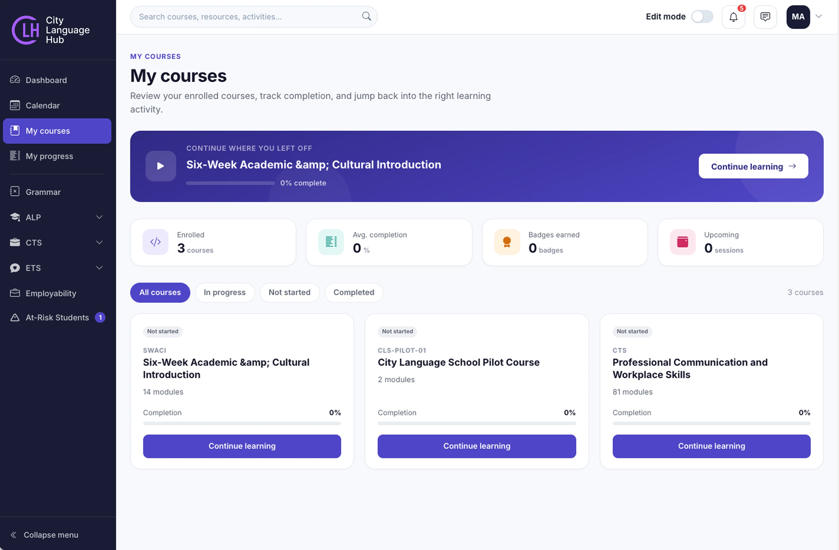 My courses page showing enrolled courses and their completion