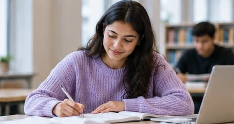 Learner writing notes at a desk
